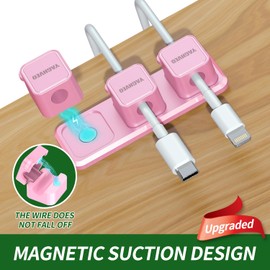 6+1Pack Magnetic Cord Organizer, Wire Holder Keeper Organizer Management, Easy Secure Adhesive Cable Management, for Home,Office,Car,Desk,Nightstand（Pink with Magnetic Base