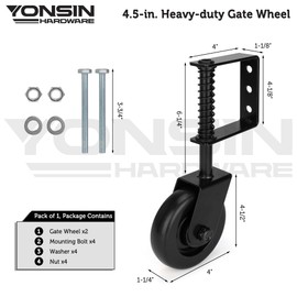 YONSIN 4.3" Heavy Duty Spring Loaded Gate Caster with Bearing, Drag Gate Wheels with 360° Swivel for Wooden Gate Fence, Metal Tube Gate, Anti Sag Gate Kit with Bear, 200 Lbs Capacity, 2 Pcs, Black