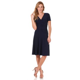 Rekucci -Women- Slimming Short Sleeve Fit-N-Flare Crossover Tummy Control Dress (16, Navy)