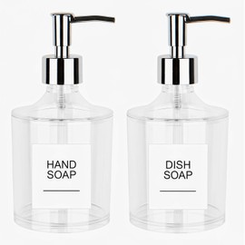 Clear Acrylic Soap Dispensers Set with Rust Proof Pumps and Waterproof Labels for Bathroom, Plastic Hand Soap Dispenser, Dish Soap Dispenser for Kitchen, 2 Pack 15 OZ
