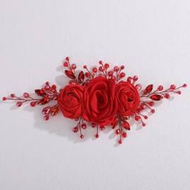 Lenjicons Wedding Satin Large Red Rose Flower Hair Clips Rhinestone Beads Bridal Headpiece Elegant Flower Headband Handmade Rhinestone Wedding Hair Accessories for Women (red)
