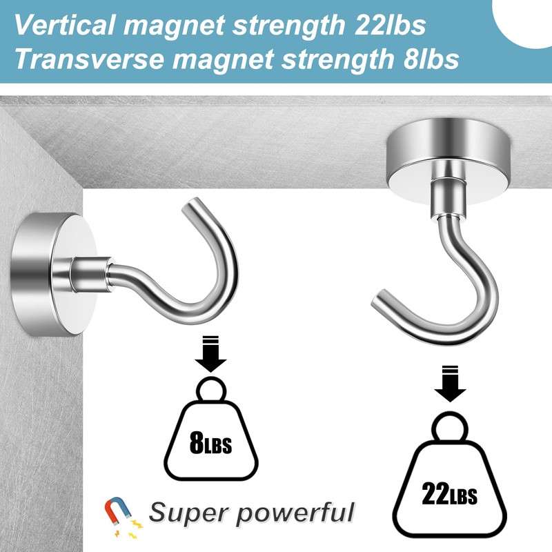 FINDMAG 6 Pack Silver Magnetic Hooks, 10 kg+(22 lb+) Strong