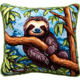 Sloth on Tree Latch Hook Kits Pillow Cover DIY Rug Crochet Hook Cushion Making Kits with Preprinted Pattern Canvas Rug Making Christmas Decoration DIY Crochet Kits 43x43cm(u89)