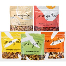 Jamie Geller Seasonings Bag Sampler, 5 Pack: Mujadara Lentil Pilaf Mix, 5 oz (142g), Festive Herb Pilaf Mix, 5 oz (142g), Jeweled Almond Pilaf Mix, 5 oz (142g), Shakshuka Seasoning Mix, 5 oz (142g), and Crispy Onion Medley, 3.3 oz bag (93g) | OU KOSHER PAREVE