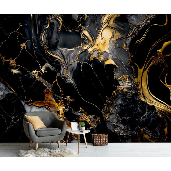 PYFFYP- Abstract Black and Gold Marble Wallpaper murals for Bathroom（Not