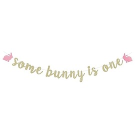 Some Bunny is One Banner para baby shower, barra de postre, banderines de niña, decoración de fiesta de primer cumpleaños, decoración temática de conejo, dorado