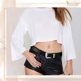 JASGOOD Women's Leather Belts for Jeans Pants Fashion Ladies Leather Belts with Silver Buckle, Black Fit Waist Size 38"-44"