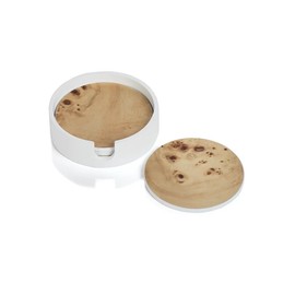 Zodax Round Burl Wood Coasters in White Tray - Set of 4 Coasters