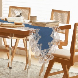 Vintage Lace Dining Table Runner, Small Macrame Coffee Table Runners 48 inches Long for Kitchen Home Christmas Party Decorations (16x48 inch, Blue)