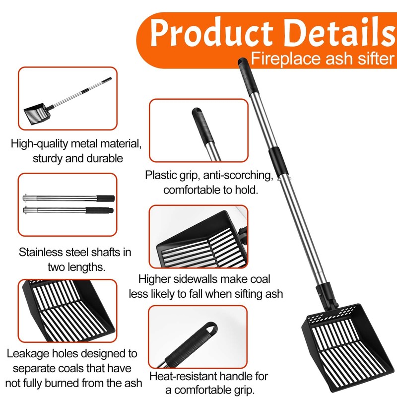 Long Handle Fireplace Ash Sifter, Hollow Out Metal Coal Shovel