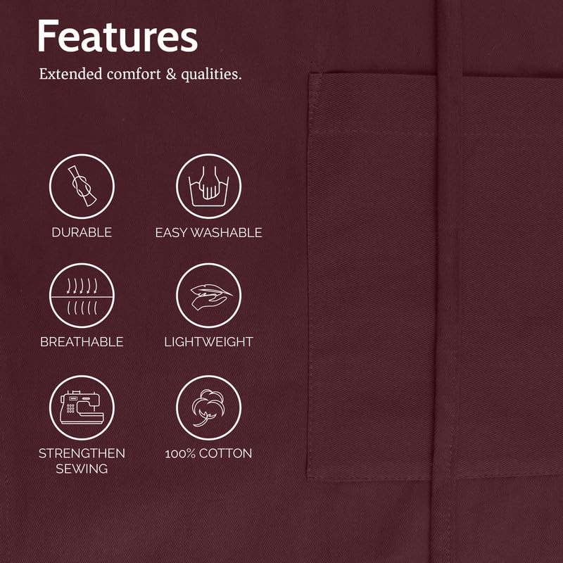 Cotton Waist Apron for Waitress with 3 Pockets Burgundy Server