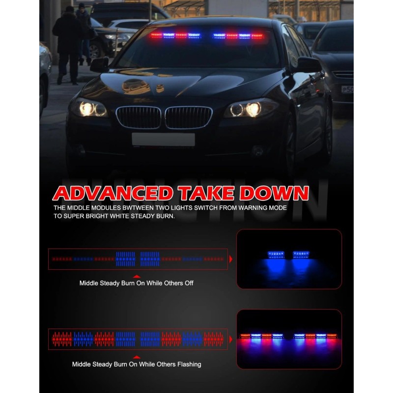 Emergency Dash Strobe Lights 2x16.8" Red/Blue 48W LED Safety Flashing