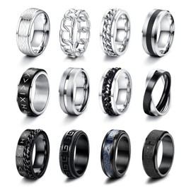JeryWe 12PCS Stainless Steel Band Rings for Men Women Fidget Spinning Chain Ring Fidget Ring Anxiety Relief Ring for Men Simple Wedding Engagement Black Ring Set Size 7-13