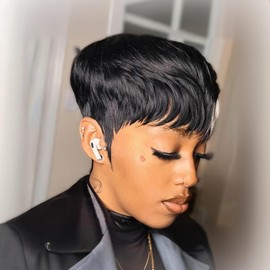 PurpleSexy Pixie Cut Human Hair Wigs for Black Women 1b/613 Blonde Color Daily Use Color Chic Elegent Short Layered Pixie Cut Wigs With Bangs Natural Looking Glueless Wigs