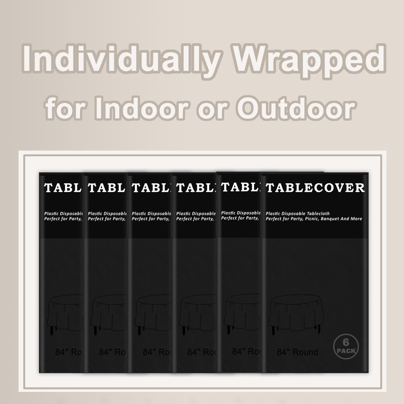 D&Z Plastic Table Cloth Disposable, 6 Pack Black Round Tablecloth