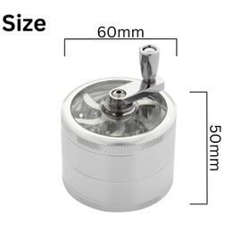 Glamified 2.5" 4 Pieces Hand Cranked Clear Top Herb Grinder - Aluminium Spice Grinder with Pollen Scraper and Cleaning Brush, Foldable Handle (Silver (4 Layers))