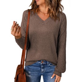 Dokotoo Fall Sweaters for Women 2025 Casual Long Sleeve V Neck Light Weight Crochet Sweater Shirts Hollow Out Cable Knit Pullover Jumper Solid Womens Tops Loose Fit,Coffee Large