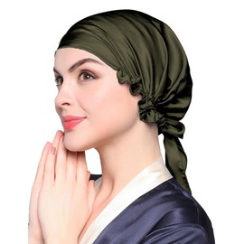 LilySilk Women's 100% Pure Silk Sleep Cap for Hair-Adjustable Real Silk Bonnet-Sleep Cap Olive Green
