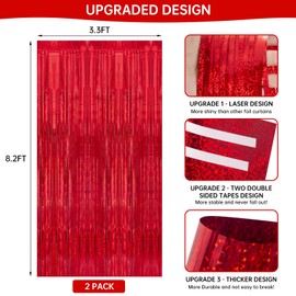 2 Pack 3.3 x 8.2 ft Tinsel Foil Fringe Curtain Backdrop, [Upgraded] Red Glitter Metallic Streamers Backdrop Curtains for Birthday Prom Wedding Christmas Eve New Year Themed Party Decorations