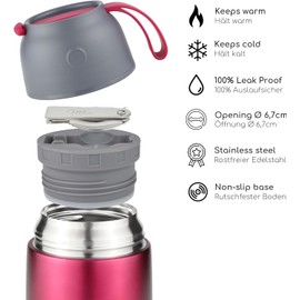 Milu® Thermal Food Container, 450/650 ml, Stainless Steel, Warmth Preservation, for Baby Food, Cereals to go, Thermal Lunch Box, Berry (450 ml)