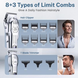 KIKIDO Hair Clippers for Men, Professional Cordless Hair Trimmers Set, Rechargeable Nose Hair Beard Trimmer, Hair Cutting Machine Haircut Grooming Kit (Sliver-3)