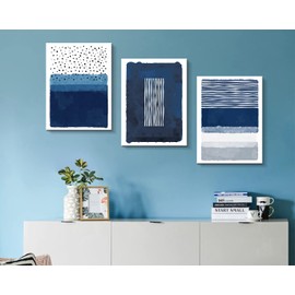 Creoate Blue Canavs Wall Art for Living Room Decor 3 Pieces Abstract Blue and White Painting Canvas Print Framed Artwork Set for Bedroom Decor Navy Blue Canvas Wall Decor, Ready to Hang, 12x16 Inch