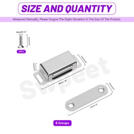 Swpeet 8 Pack 1.88" x 0.59" Silver Small Stainless Steel Cabinet Magnetic Catch with Screws Assortment Kit, Strong Door Magnetic Catches for Door Kitchen Cupboard Closure Closet Door Closer