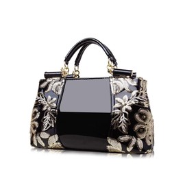 KEEPOP Women Handbag Top Handle Bag, Patent Leather Embroidery Fashion Tote Purse for Ladies Evening Party, Wedding, Special Occasion, Black