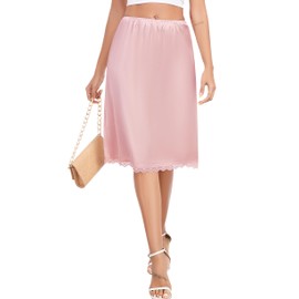Vlazom Women's Underskirt Long Petticoat Satin Elegant Skirt Long with Lace Hem Invisible Underdress Silky Touch (L, Light Pink)