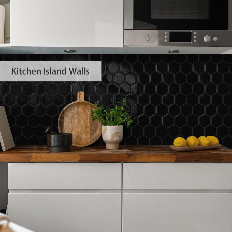 Black Hexagon Peel and Stick Backsplash,12" x 12" Self Adhesive