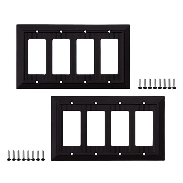 SleekLighting Quadruple Decorator Wall plates | Decorative Bamboo Classic Beadboard Black Finish | Electric Outlet and Switch Covers| Style: 4 Gang Decorator (2 Pack)