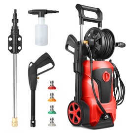 DNA MOTORING TOOLS-00229 Up to 2176 PSI Pressure 2.4 GPM Max Flow Electric Pressure Washer for Yard and Car Cleaning with Spray Nozzle Foam Bottle + 4 Turbo Nozzles IPX5 Driveway Patio Deck(Red)