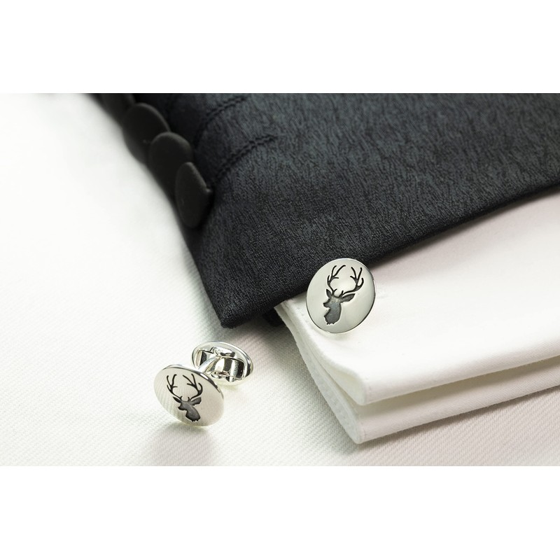 Vinani Design Cufflinks Deer Symbol Round Blackened Shiny 925 Sterling