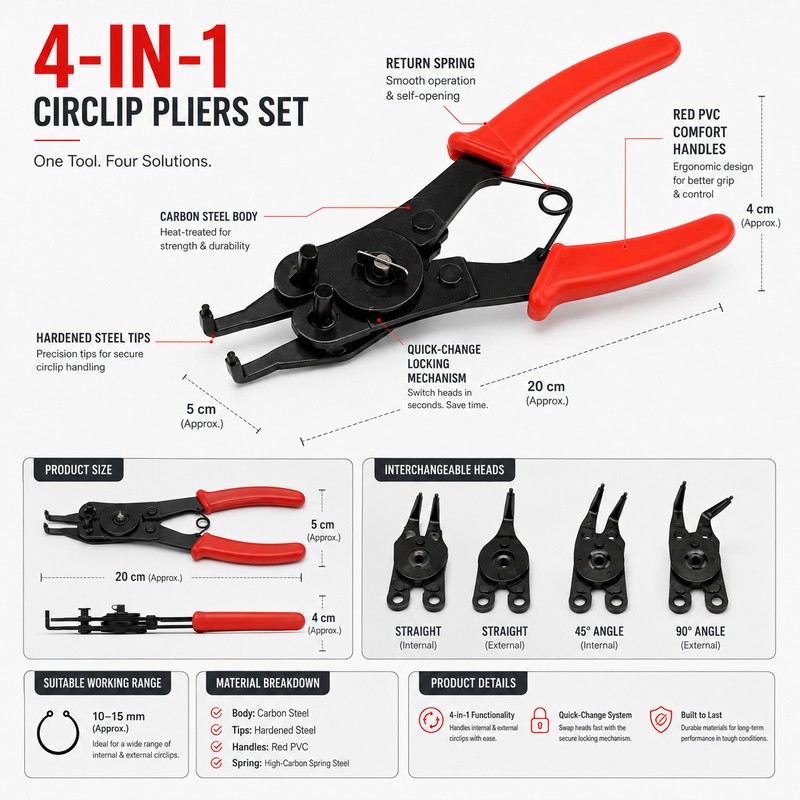 4-in-1 Circlip Pliers Set for Ring Repairs – Interchangeable Snap