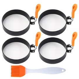 Kellegour Set of 4 Fried Egg Moulds, Stainless Steel, Fried Egg Moulds for Pan, Stainless Steel Egg Ring, Non-Stick Round Egg Rings with 1 Oil Brush, Non-Stick Pancake Shape Egg Ring for Fried Eggs