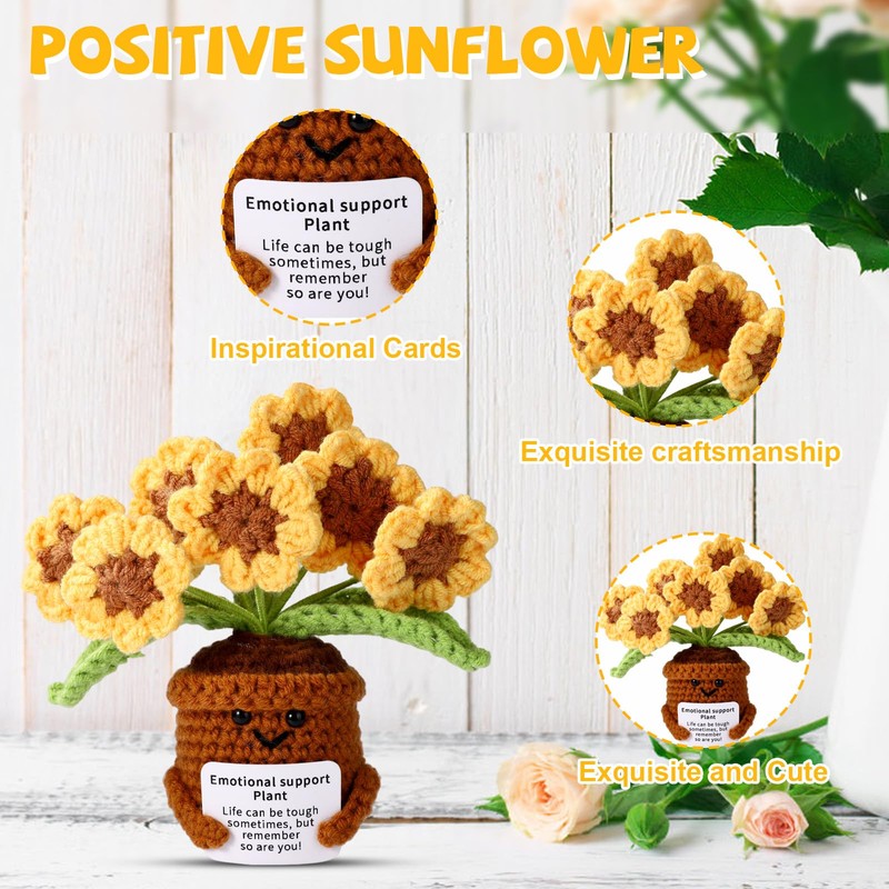 Lyreh Positive Sonnenblume Gehäkelt, 11cm Handgefertigt Emotionale Pflanzenpuppenstütze mit Ermutigender