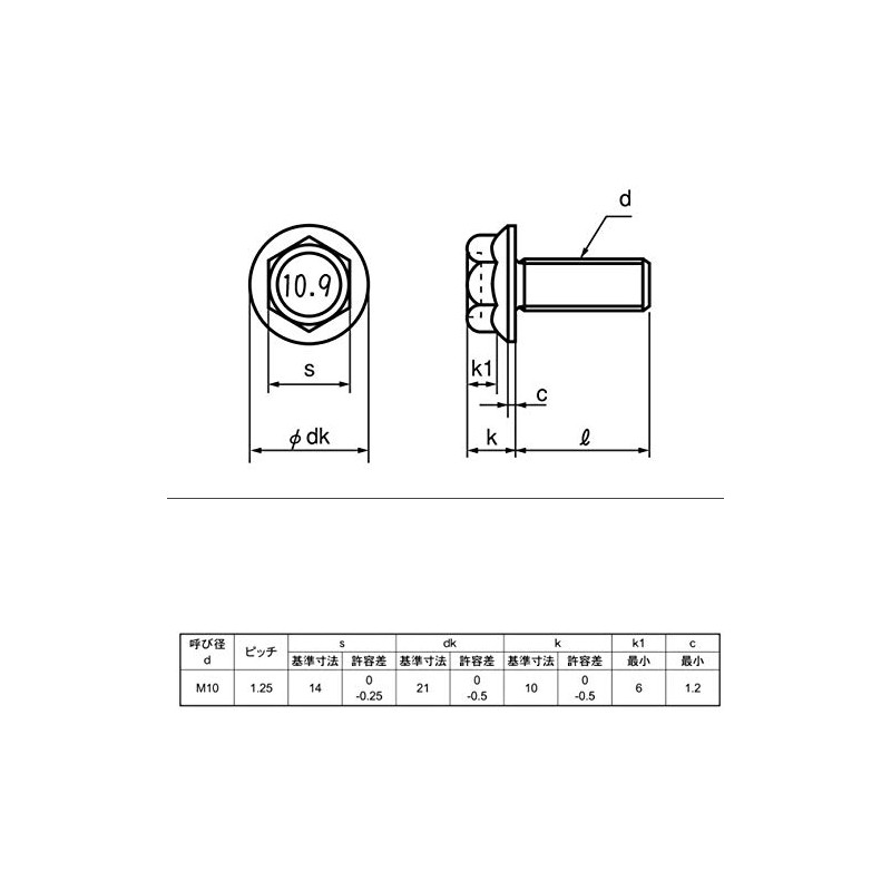 High-strength Flange Bolt M10P=1.25 (fine pitch) Trivalent White Plated (M10X50L