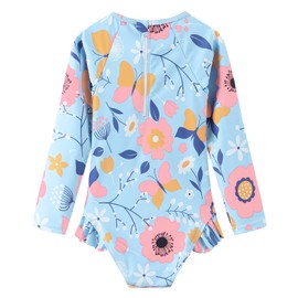Costume da bagno per bambine da 3 a 16 anni, Azzurro con fiori., 3-4 Anni
