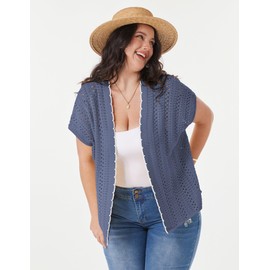 GRACE KARIN Women's Vintage Open Front Knit Cardigan Summer Black Hollow Out Vacation Beach Outwear Gray Blue M