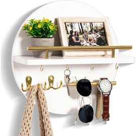 Key Holder for Wall Decorative with Shelf and Hooks, Mail Organizer Wall Mount with Sunglasses Holder, Circular Design Entryway Key Rack Hanger, Rustic Home Decor for Mudroom (White) - Color: black