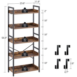 Rolanstar Bookshelf 5 Tier with 4 Hooks, Industrial Wood Bookcase, Vintage Storage Rack with Open Shelves, Rustic Standing Bookshelves Display Rack for Living Room, Bedroom, Rustic Brown