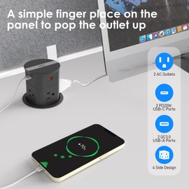 ANNQUAN Automatic Pop Up Outlet for Countertop,20W USB-C Fast Charging Power Station,3.15" Kitchen Island Pop Up Electrical Outlet,4 Outlets,4 USB,Office Power Supply,6ft Cord(Black)