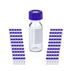 ALWSCI 2 ml Clear Autosampler Vial, HPLC Vial with Writing Area, 9-425 Screw Cap, 9 mm Blue PTFE & White Silicone Liner, 100pcs/pk