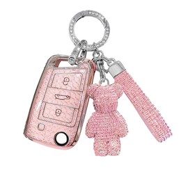 Car Key Fob Cover Compatible with VW Golf 7 MK7 Polo T-ROC Tiguan Skoda Superb Octavia Seat Leon Ibiza Pink Key Shell Holder with Diamond Bear Keychain for 3 Buttons Flip Key