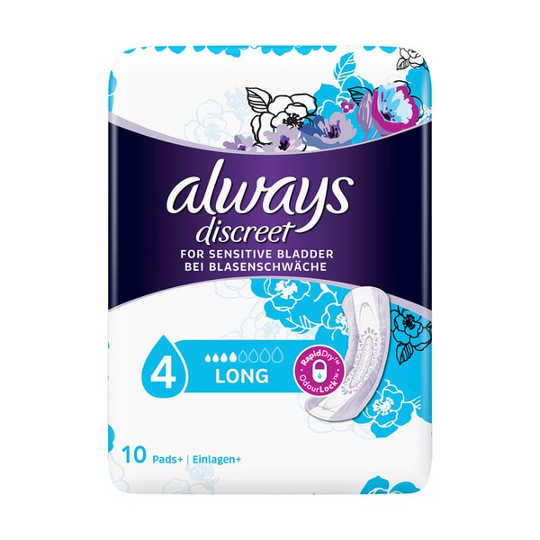Always Discreet Incontinence Pads Long For Sensitive Bladder, 10 Pack
