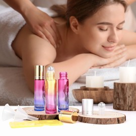 JIUWU 10 Pack 10ml 1/3 Oz Gradient Color Glass Stainless Ball Roller Bottles Beauty Cosmetic Essential Oils Vials Bottles 5 Funnels + 1 Bottle Opener