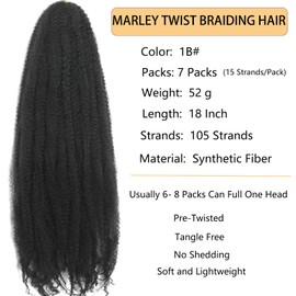 105 Strands Marley Twist Braiding Hair 18 Inch Marley Twist Hair Long Marley Hair for Black Women Faux Locs 7 Packs Afro Twist Hair Extensions (1B#, 18INCH(pack of 7))