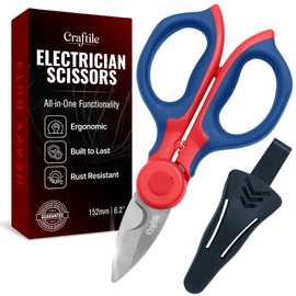 6-Inch Electrician Scissors – Heavy Duty Stainless Steel Electrical Scissor with Serrated Blade, Wire Stripper, Crimper & Belt Clip Holster – Sharp, Durable, Comfortable Grip for Electrical Work