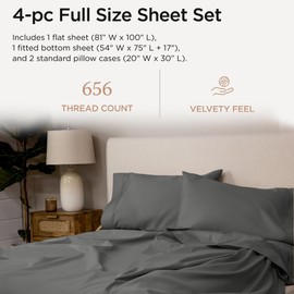 Threadmill Luxury Full Size Sheets | 656 Thread Count Certified Supima Cotton Sheets for Full Size Mattress | 5-Star Hotel Quality 4 Piece Bed Sheets with Extra Deep Pocket |Dark Grey Sheets