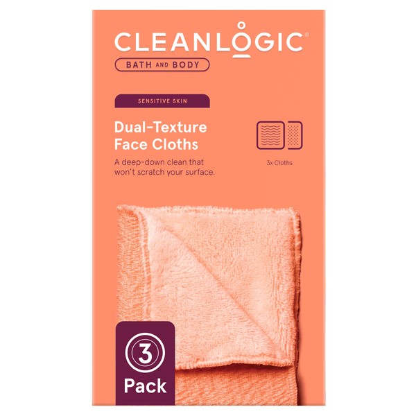 Cleanlogic Bath & Body Exfoliating Dual-Texture Face Cloths for Sensitive Skin, Assorted Colours, Removes Makeup, Oil & Dirt, Vegan Friendly - Pack of 3